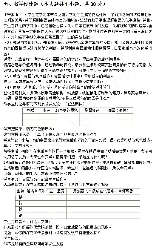 2014上半年教師資格統考初中化學真題答案5