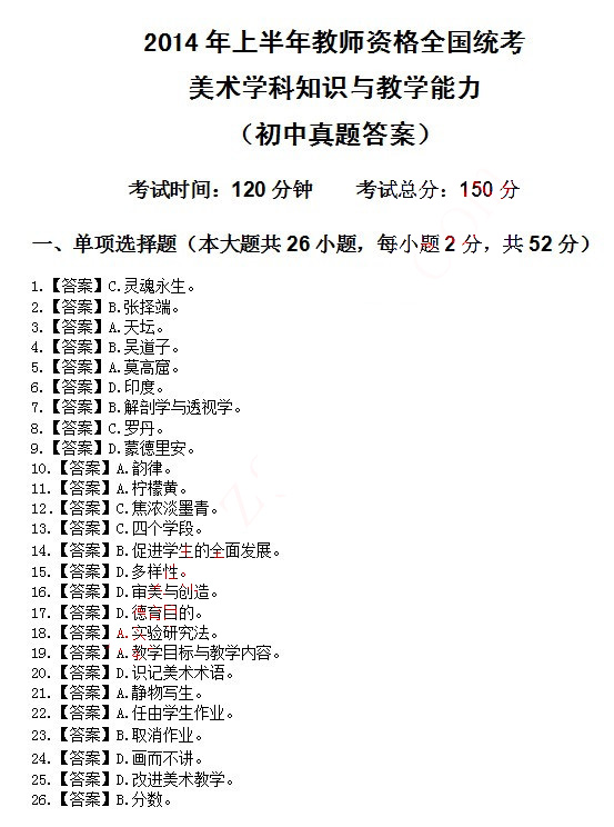 2014上半年教師資格統考初中美術真題答案1